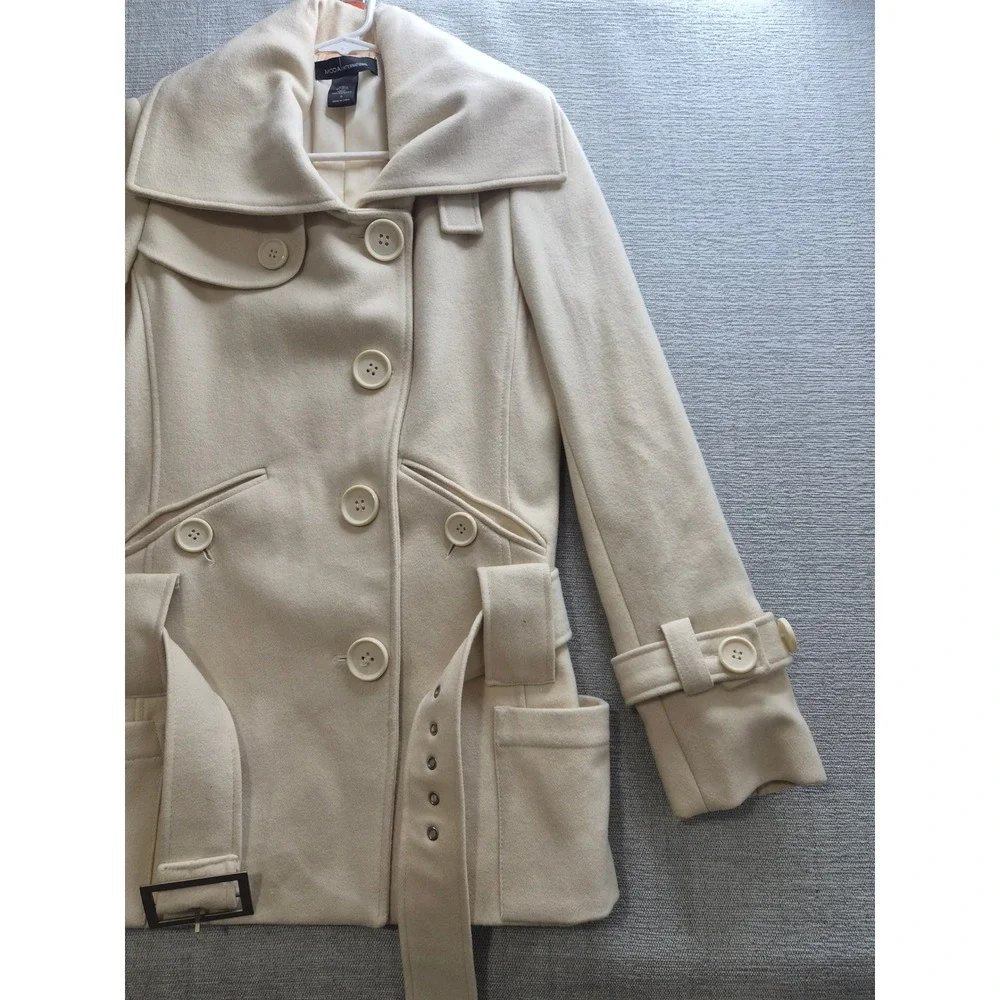 Moda International Belted Pea Coat Women Small Beige Wool Double Breasted Winter